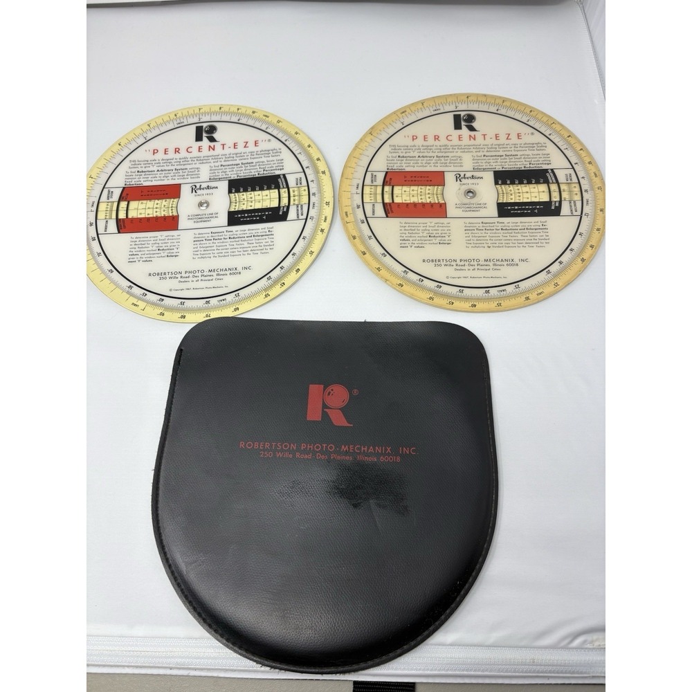 2 Vintage Robertson Photo Mechanix Percent-Eze Circular Calculator (1967) Case